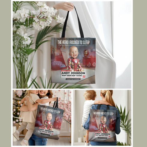 Personalized Superhero Baby Tote Bag – Baby Iron Man Design with Custom Name, Photo & Message